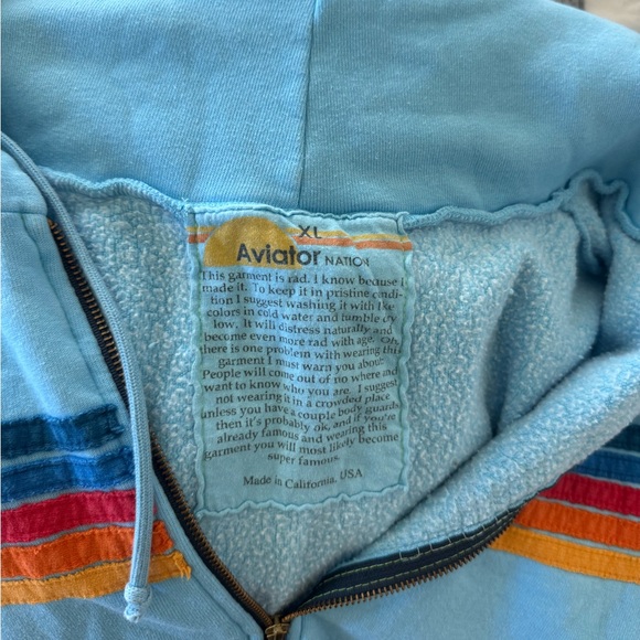 Aviator Nation Light Blue Zip-Up Hoodie with Multicolor Chest Stripes - Picture 6 of 9